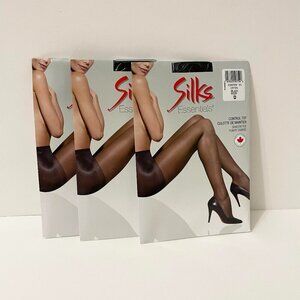Silks Essentials Control Top Pantyhose Shadow Toe Lot of 3 Black Size D